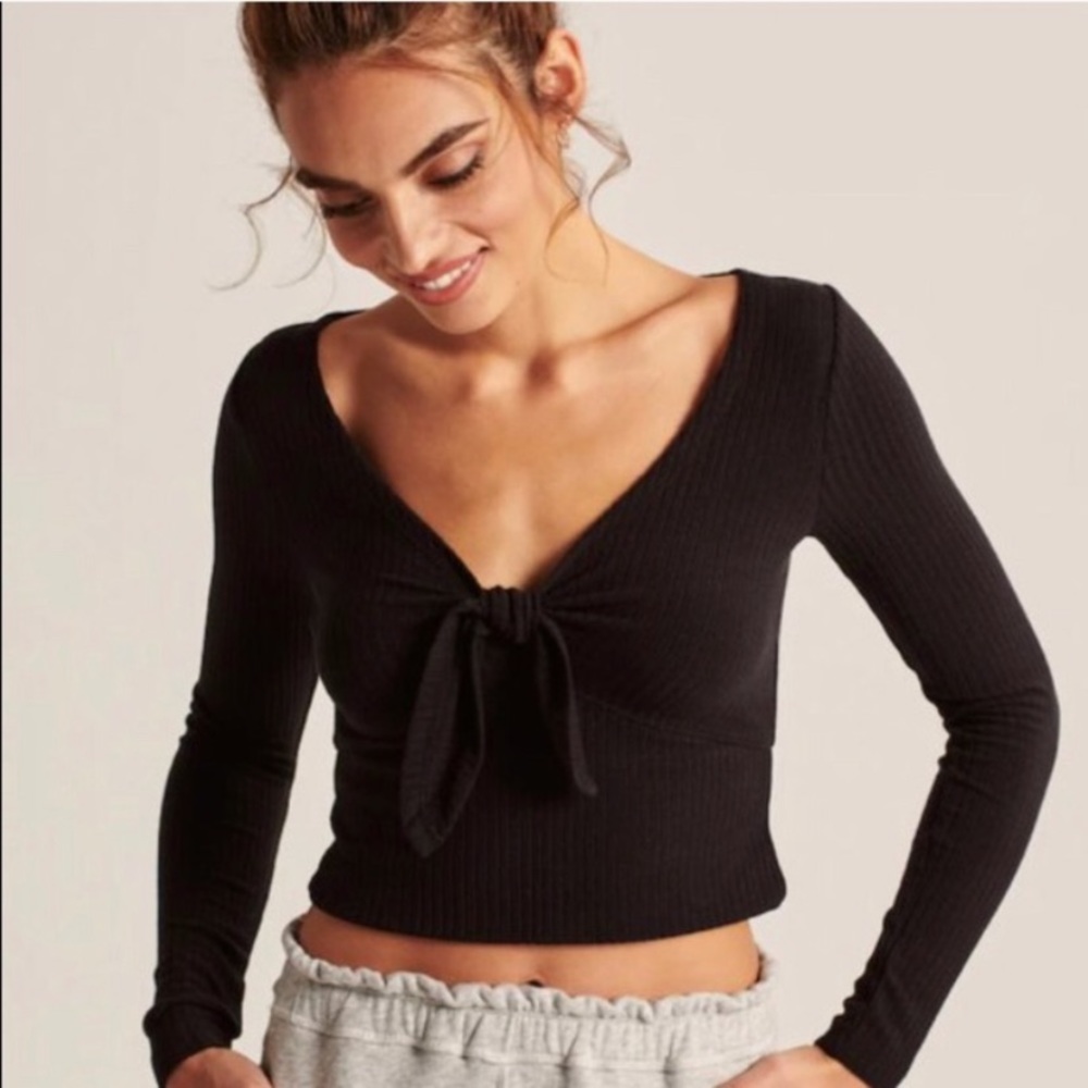 BROWN abercrombie Ribbed Knit Knotted Bow Detail Crop Top
